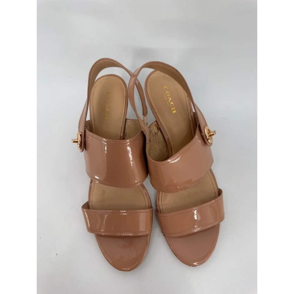 Coach Slingback Sandals Women 10B Tan Patent Leather Turnlock Kitten Heels Read